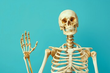 A skeleton figure waving against a teal background, creating a quirky and eye-catching Halloween decoration. Perfect for festive and modern themes.