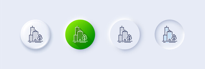 Skyscraper buildings line icon. Neumorphic, Green gradient, 3d pin buttons. City architecture with tree sign. Town symbol. Line icons. Neumorphic buttons with outline signs. Vector