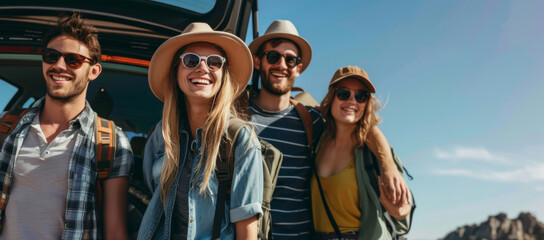 A group of friends standing by their car, ready for a road trip with backpacks, hats, and sunglasses