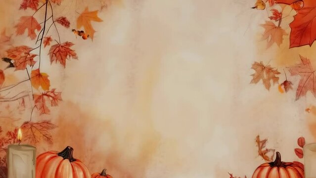 An autumn-themed background features pumpkins, a lit candle, and scattered leaves in warm hues. The seasonal elements create a cozy and festive atmosphere, perfect for fall.