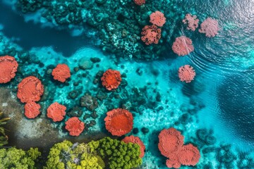 Aerial view of a vibrant tropical coastline with turquoise water and colorful trees
