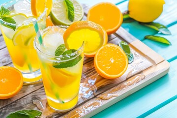 Fototapeta premium Refreshing citrus drinks with ice and mint, garnished with orange and lemon slices on a sunny day