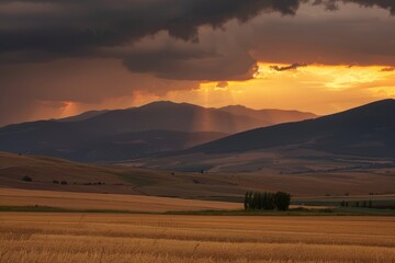 Obraz premium Dramatic sunset over a field with rolling hills and dark clouds