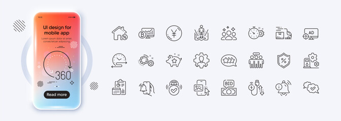 Yen money, Bitcoin chart and 360 degrees line icons for web app. Phone mockup gradient screen. Pack of Squad, Gears, Filling station pictogram icons. Vector