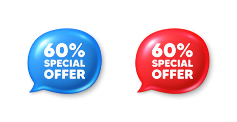 60 percent discount offer tag. Chat speech bubble 3d icons. Sale price promo sign. Special offer symbol. Discount chat offer. Speech bubble banners set. Text box balloon. Vector