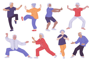 A group of elderly people in Tai Chi poses, vector set on a white background