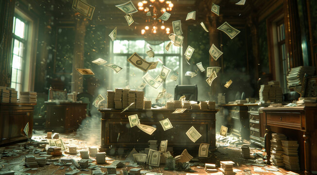 A large office filled with stacks of cash and money falling from the ceiling.