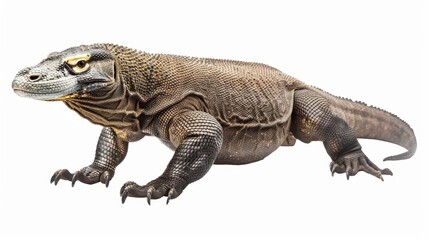 Obraz premium Majestic komodo dragon walks with its tongue out on a white background, showcasing its impressive claws and scales