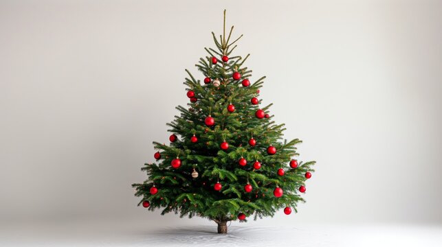 Cheerful and bright Christmas scene, showcasing a decorated Christmas tree with lights and ornaments, minimalistic and clean, isolated on a white background. The design captures festive spirit and bea