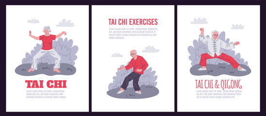 Elderly Tai Chi practice. Vector illustration set