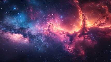 Naklejka premium Night sky with stars. The universe is filled with clouds, nebula, and galaxie. Landscape with gradient blue and purple colorful cosmos with stardust and Milky Way. Magic color galaxy, space background