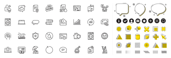 Set of Cloud communication, Methodology and Laptop line icons for web app. Design elements, Social media icons. Dryer machine, Tax documents, Cyber attack icons. Vector