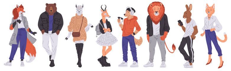 Fashionable furry animals in human clothes, vector set.