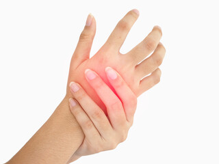 Woman with hand pain in palm on white background.