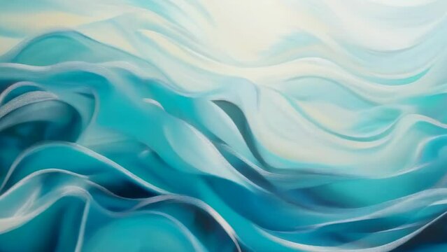 An abstract painting features fluid blue and white brushstrokes resembling ocean waves. The combination of colors and wavy patterns evokes a sense of tranquility and movement.