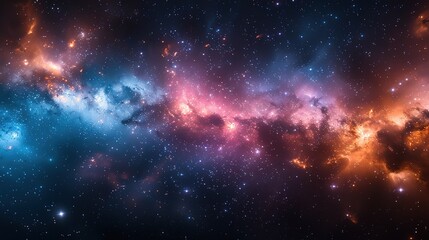 Night sky with stars. The universe is filled with clouds, nebula, and galaxie. Landscape with gradient blue and purple colorful cosmos with stardust and Milky Way. Magic color galaxy, space background