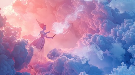 A gentle pattern of pink and blue smoke, with a 3D animated fairy godmother casting spells, her wand twinkling amidst the clouds