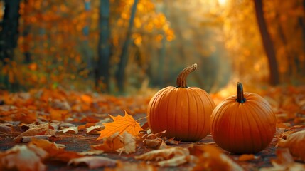 Two pumpkins in an autumn forest setting, surrounded by fallen leaves, creating a natural and cozy fall decor. Perfect for seasonal and holiday themes.