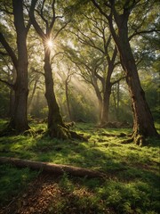 Obraz premium Sunlight filters through canopy of lush forest, casting dappled light on verdant undergrowth, highlighting intricate textures of tree bark, leaves. Scene tranquil.