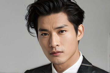 A man with a shaved head and a beard is wearing a suit and tie