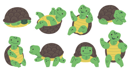 Cheerful turtles character poses vector set
