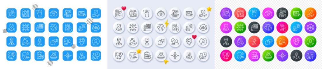 Heart rating, Business skill and Donate line icons. Square, Gradient, Pin 3d buttons. AI, QA and map pin icons. Pack of Insurance hand, Photo studio, Education icon. Vector