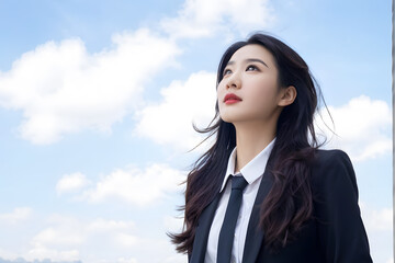 A woman in a business suit and tie is looking up at the sky