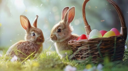 Adorable rabbit with a basket of Easter eggs