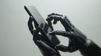 Fototapeta premium A close-up of a robotic hand holding and interacting with a smartphone, showcasing the integration of technology and artificial intelligence
