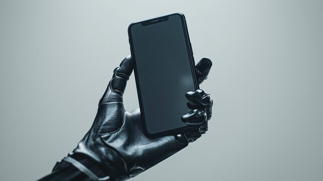 A robotic hand with a modern design holding a black smartphone against a light background. Both hand and phone are black with a blank screen