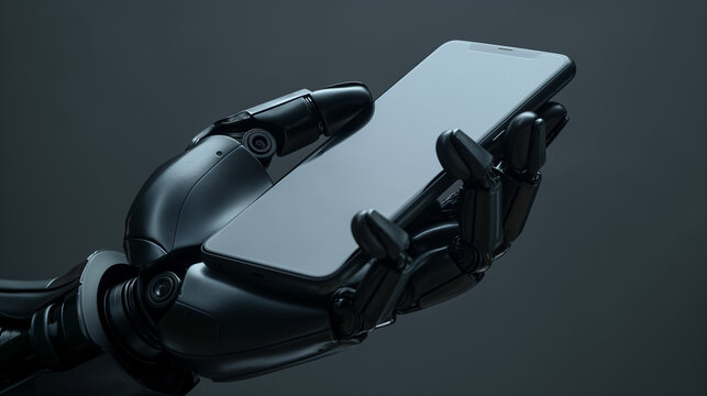 A close-up shot of a robotic hand holding a smartphone, emphasizing the technology and potential for automation