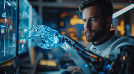 A man with a futuristic robotic arm interacts with a computer screen. The blue glow of the arm and screen create a striking contrast against the dark background