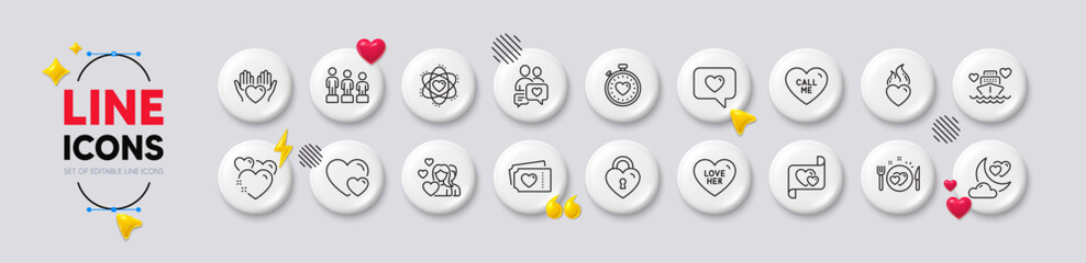 Love message, Equality and Heart line icons. White buttons 3d icons. Pack of Couple, Heart flame, Heartbeat timer icon. Love letter, Romantic dinner, Honeymoon cruise pictogram. Vector