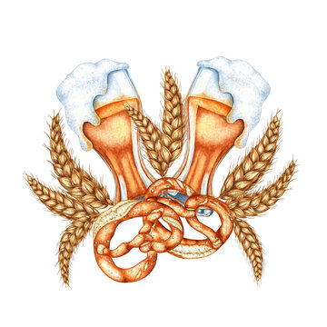 beer glasses, pretzels, wheat, watercolor clip art preview