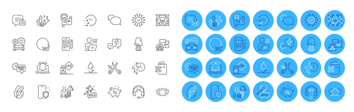 Quick tips, New message and Star line icons pack. Reminder, Messenger, Binary code web icon. Cut tax, Hypoallergenic tested, Lightning bolt pictogram. 360 degrees, Charging time, Table lamp. Vector
