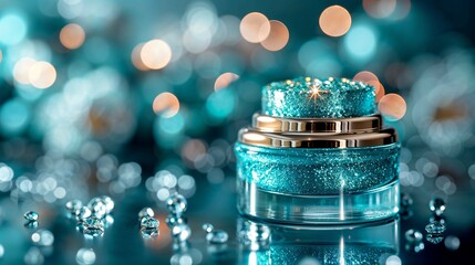 Sparky and glittering turquoise cream jar with gold elements standing on a glittering surface with turquoise crystals.