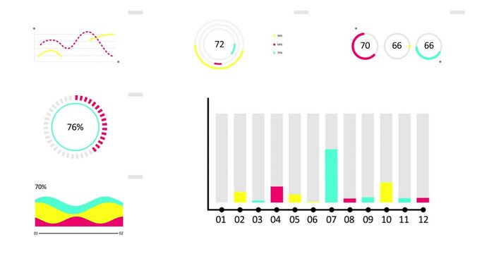 Animated Infographics set. Animation of seven different charts and graphs in bright color isolated on white background. High quality 4k motion design
