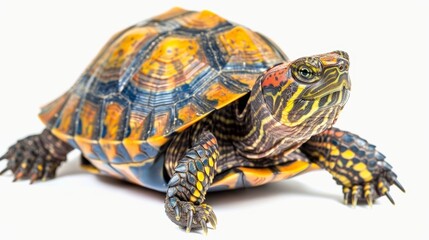 Fototapeta premium Eastern painted turtle with its vibrant shell is moving across a white backdrop