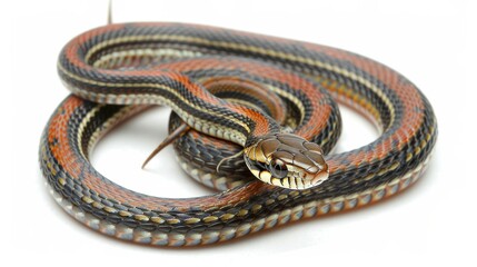Stunning garter snake gracefully coils on a white background, displaying its vivid scales and captivating pattern