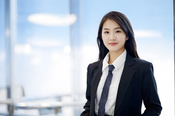A woman in a business suit and tie stands in front of a window