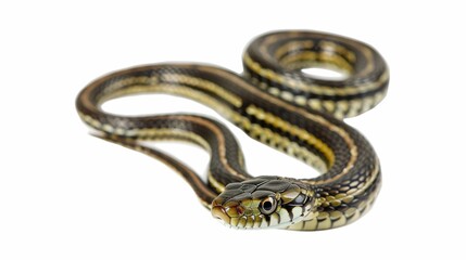 Obraz premium Common garter snake is moving on a white background, showing its scales and forked tongue