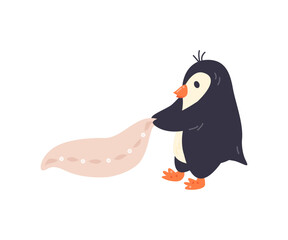 Cute cartoon baby penguin. Little nursery bird character dragging pillow for sleep. Mascot personage concept design. Childish drawing style. Arctic animal hand drawn flat vector illustration isolated