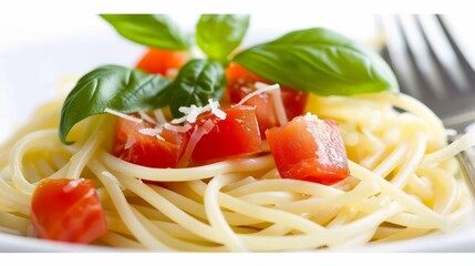 Elegant presentation  gourmet spaghetti with fresh tomato chunks and basil leaf in white dish