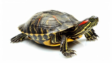 Obraz premium Vibrant red eared slider turtle stands alert on a white background, showing its colorful shell and scaly skin. It moves gracefully, making a striking image