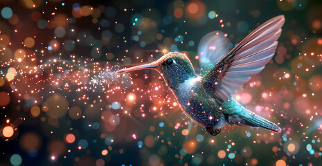 A hummingbird is flying through a colorful, sparkling background