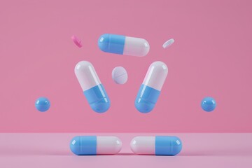 Sparse pills falling on soft colored surface with copy space and blurred bokeh background