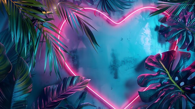 heart shaped tropical palm tree and monstera leaves with neon lightning frame abstract background