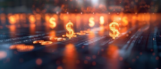 Abstract digital display of golden dollar signs on a dark background, representing financial data and market trends.