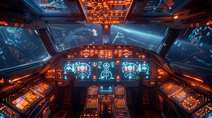 A futuristic aviation training simulator cockpit with holographic displays, featuring advanced controls and a view of a simulated night sky.