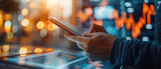 Business professional using smartphone in front of financial charts, analyzing market data with technology in a modern office environment.